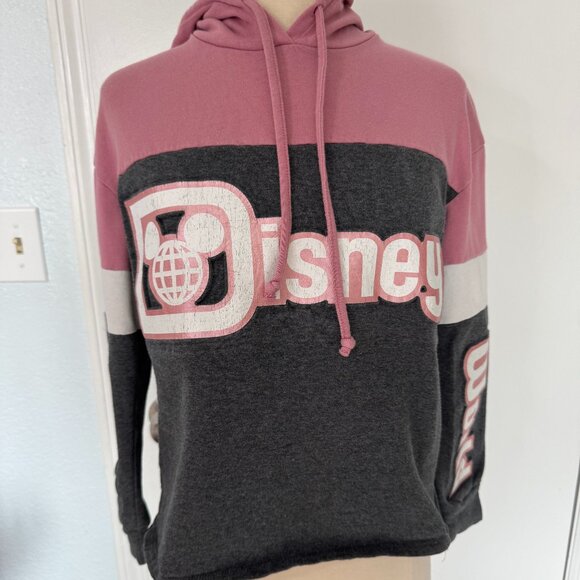 Disney Tops - Disney Pink & Gray Colorblock Hoodie Medium Mickey Logo Sweatshirt